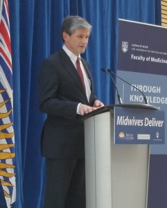 Minister of Advanced Education Andrew Wilkinson announcing funding to train internationally-educated midwives at UBC. Photo credit: Brian Kladko