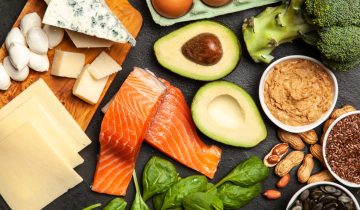 An overhead view of a variety of keto food ingredients, including sliced cheese, mozzarella, parmesan, blue cheese, salmon, spinach, avocado, eggs, broccoli, peanut butter, flax seeds, and black beans.