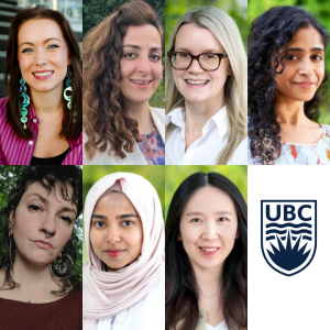 A composite image of seven UBC Faculty of Medicine doctoral students who have been named to the 2024/2025 cohort of the UBC Public Scholars Initiative (PSI) Program. Top row: Chelsey Perry, Fatimah Bahrami, Katherine White and Rinni Mamman. Bottom row: Sarinn Blawatt, Zeba Khan and Xiaocong Guo.