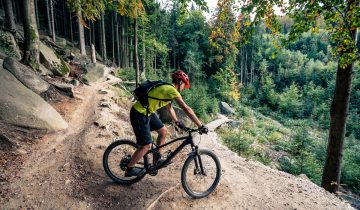 A person rides a mountain bike through a forest, wearing a helmet and backpack.